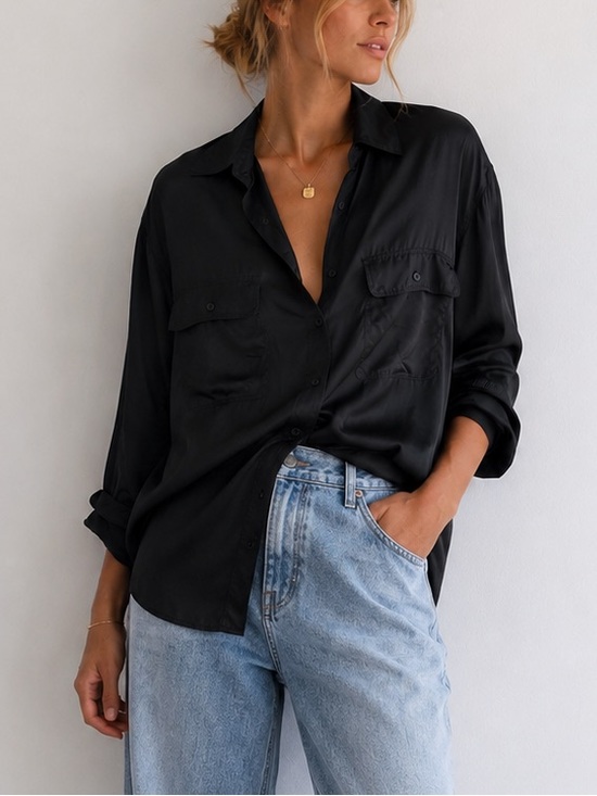 None Tops - Vintage Classics 100% Silk Oversized Button-Up Shirt Black Large L Minimalist